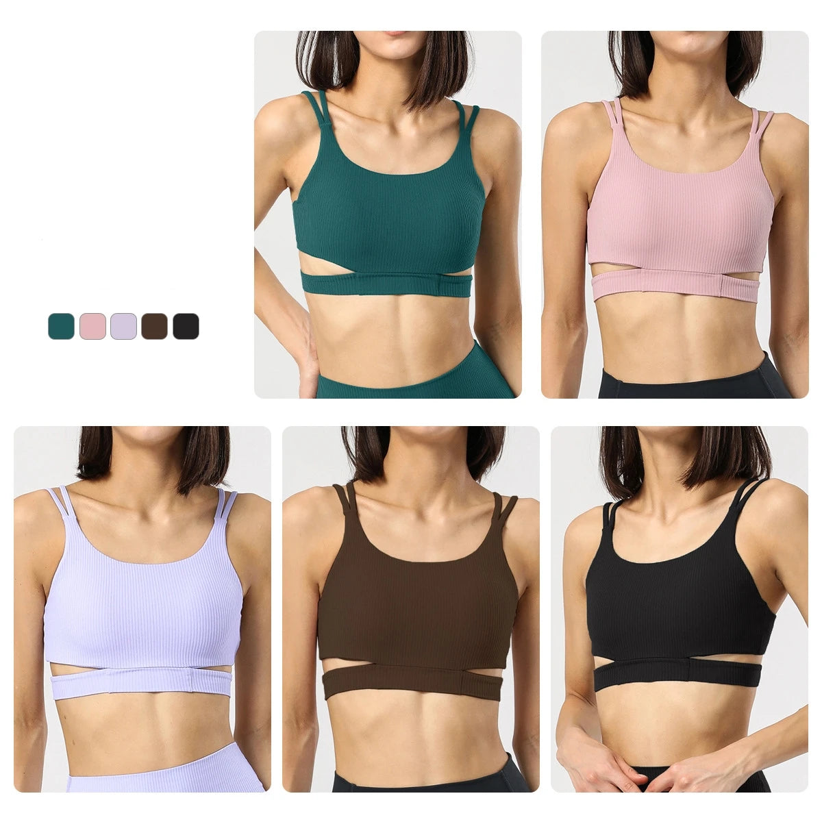 Women's Lightweight Breathable Medium Support Eco-Friendly Spandex/Nylon Sports Bras Cloud-Sensing Ribbed Lace-Up Fitness Yoga