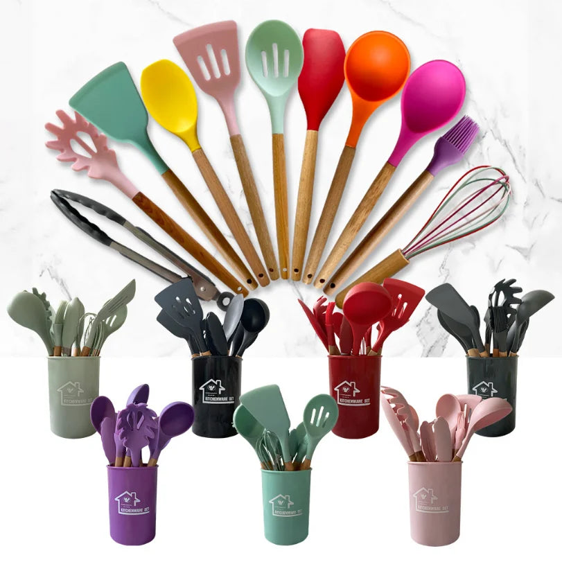 ARMADA 12-Piece Heat-Resistant Silicone Kitchen Utensils Wooden Handles Dishwasher Microwave Safe Color Options for Home Cooking