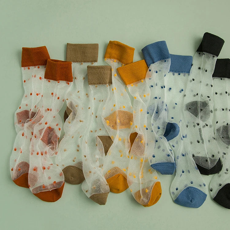 Factory Wholesale Women Transparent Summer Transparent Silk Spots Colorful Thin Socks