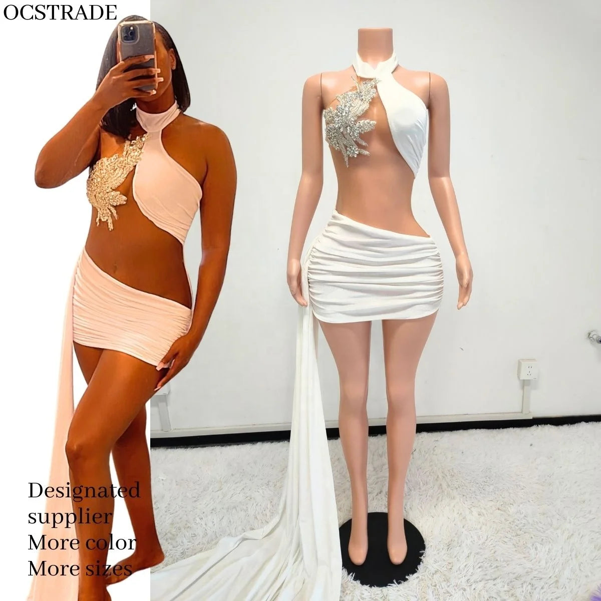 Ocstrade Sparkly Luxury Rhinestone Applique Dress Factory Women High Neck Tight Above Knee Length Black Cocktail Party Dress