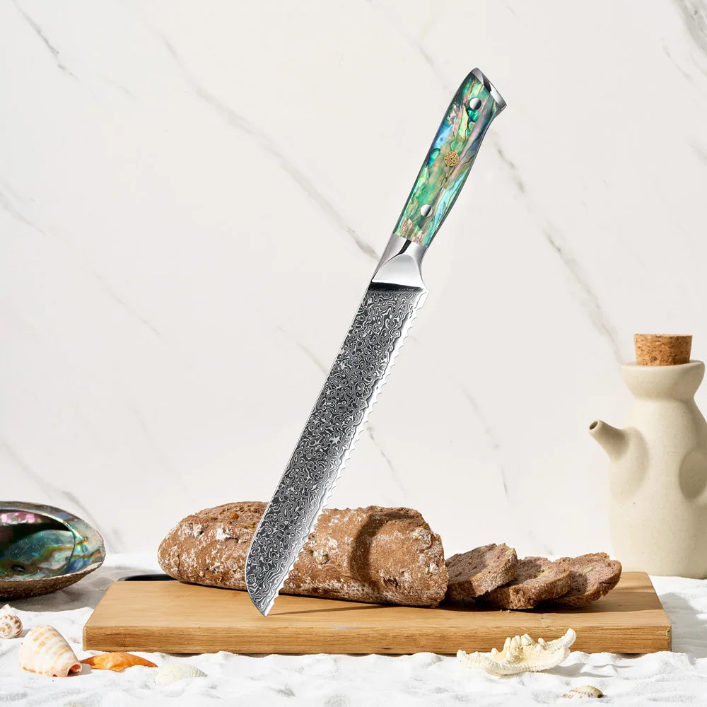 Professional 8 Inch Serrated Bread Knife 67 Layer Damascus Steel Kitchen Knife Blade with Abalone Resin Handle