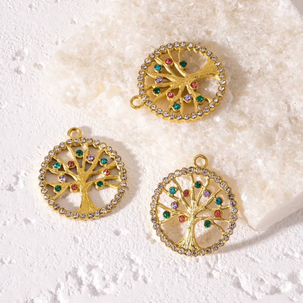 Vintage Gold Plated Stainless Steel Tree of Life Charms Colorful Diamond Hollow Tree Charm Pendant for DIY Jewelry Making