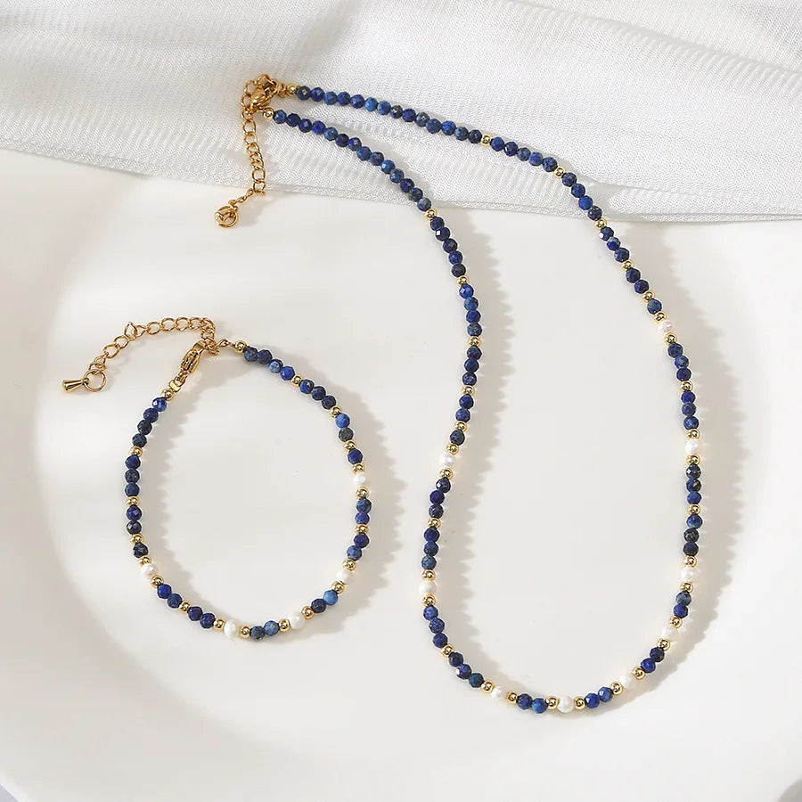 Bohemian Natural Lapis Lzauli Stone Necklaces Set Freshwater Pearl Beaded Necklaces Dainty Beaded Necklaces for Women  Jewelry