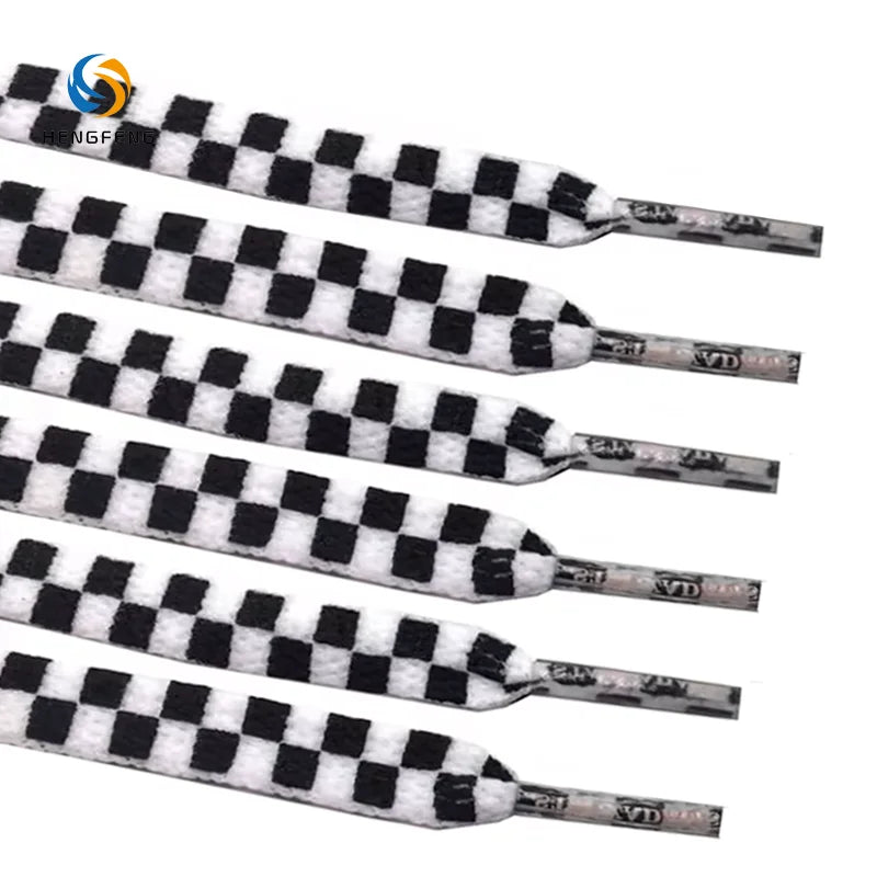 Wholesale Custom Color 8mm Screen Printed Black White Flat Polyester Shoelaces 100cm Fashion Plastic Tips Model HF-S116 HengFeng