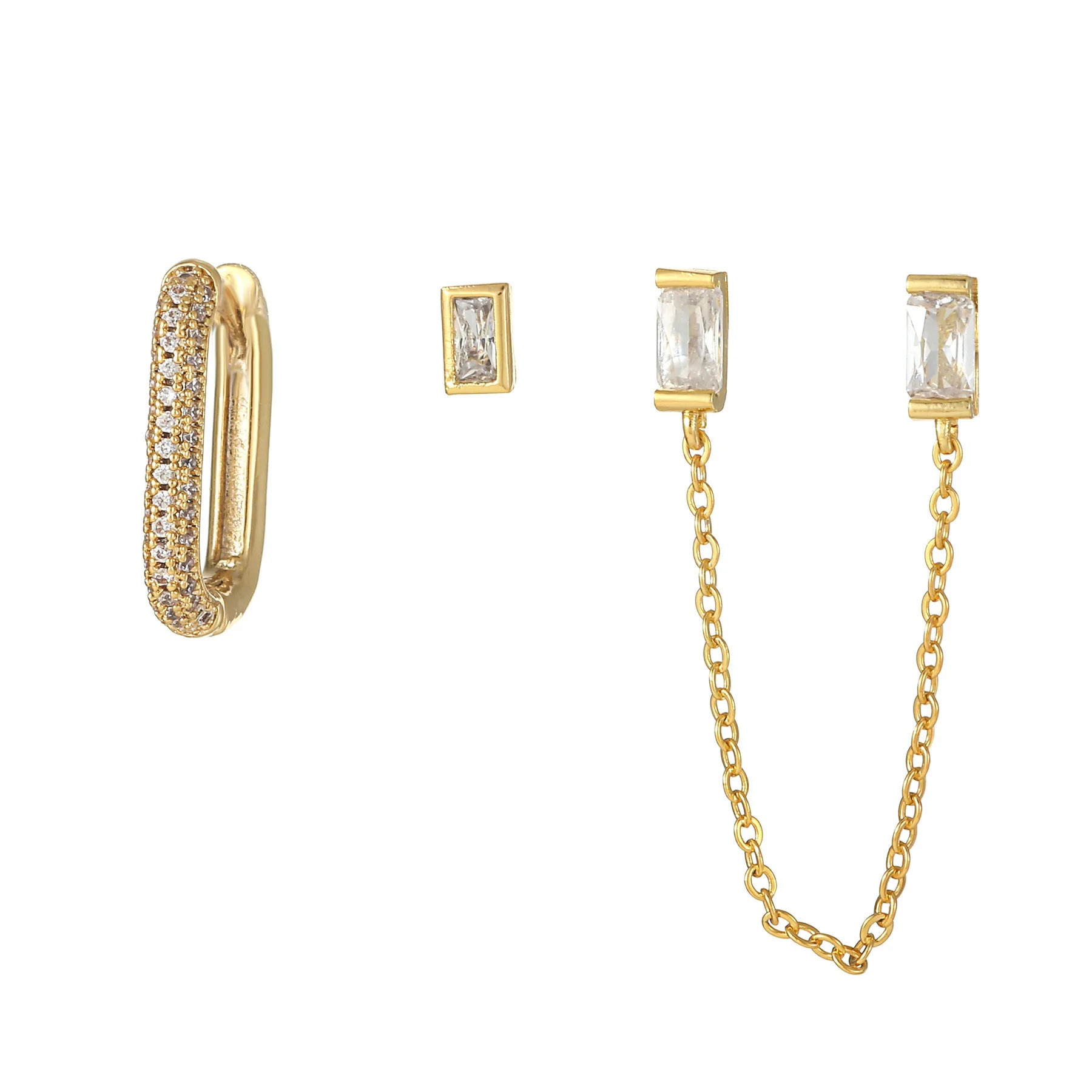 3pcs New Niche Ear Jewelry Square Tassel Earrings Set Personality Micro Inset Zircon Brass 18k Gold Plated Stud Ear Set for Girl