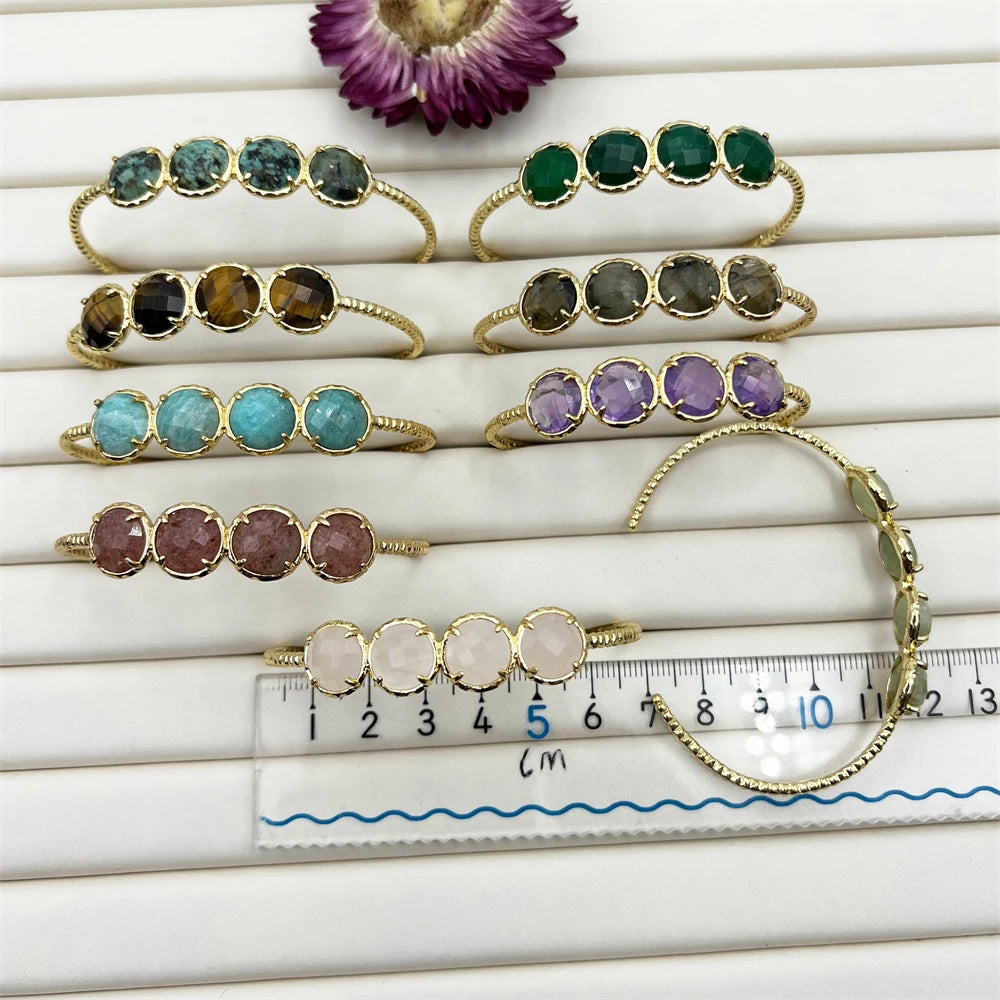 2025 New Arrivals Fashion Gemstone Bangle Round Crystal Inlay Amethyst tiger Eye Gold Bangle Bracelet Cuff Jewelry for Women