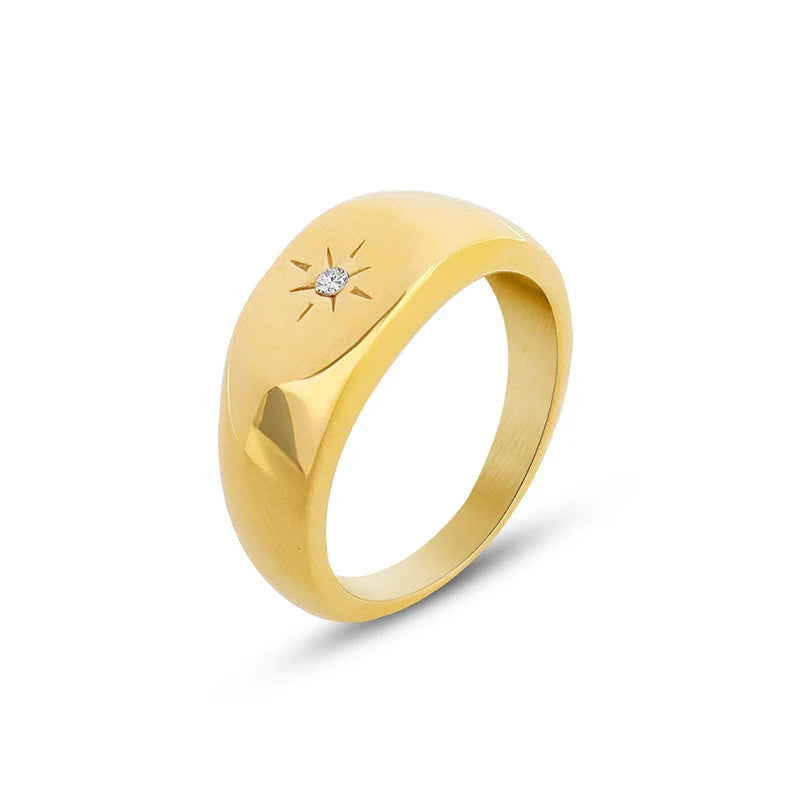 Personalized Zircon Overlay Ring With Cool Titanium Steel Plated 18 K Gold Finger Ring Jewelry