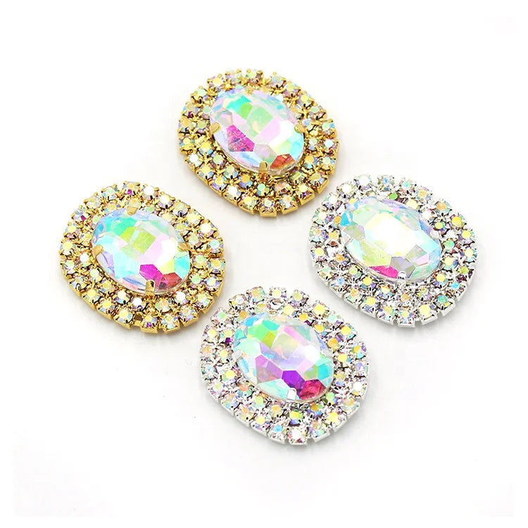 Bling Sew-On Crystal Oval Glass Rhinestone Ornament Buckles Metal Ring Type for Custom Bottle and Wedding Decoration
