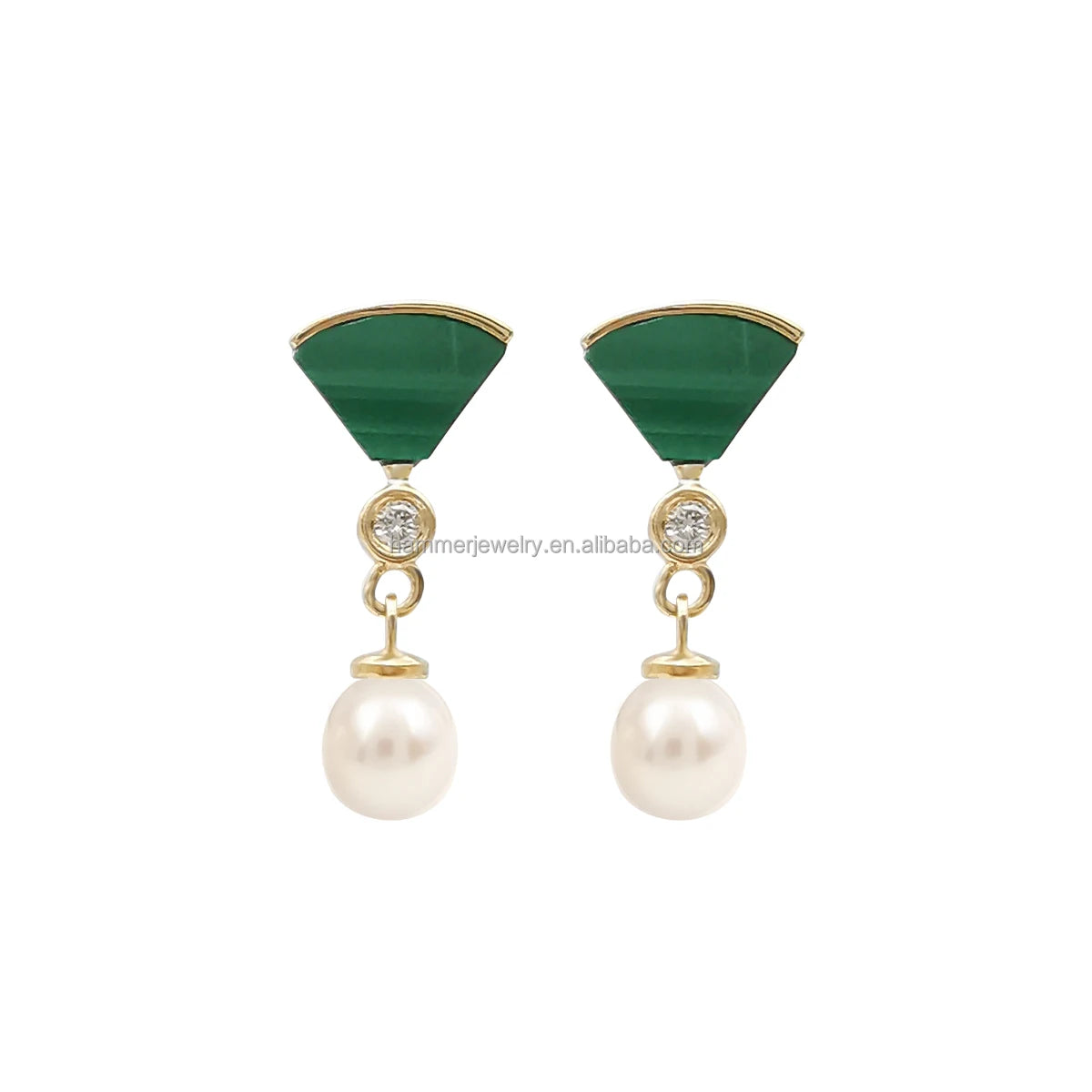 Wholesale 14K Real Gold Earrings Malachite and Freshwater Pearl AU585 Gold Earring Natural Diamond Fine Jewelry