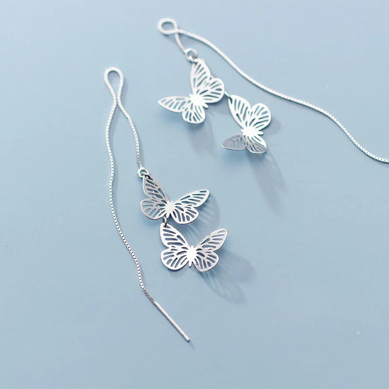 Charm Butterfly Shape Ear Threader Long Chain Hanging 925 Sterling Silver Dangle Drop Earrings Fine Jewelry for Women