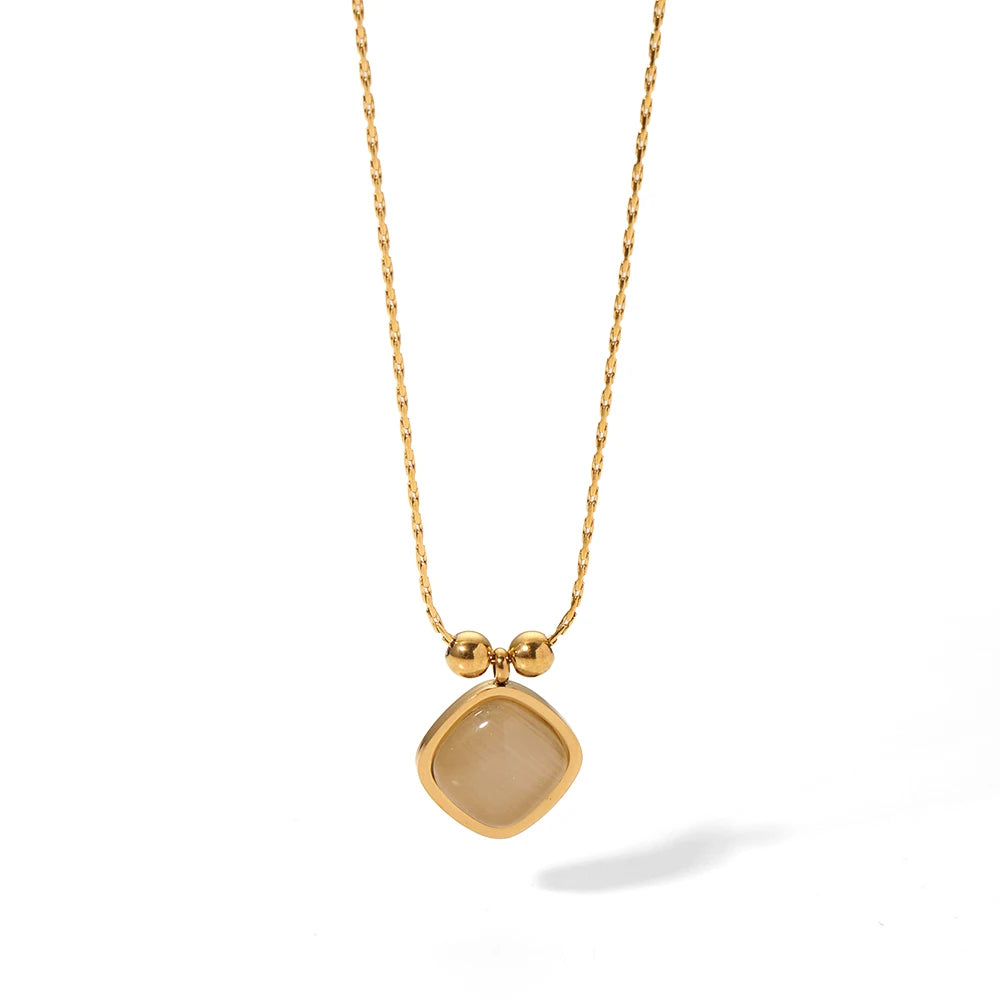 Chris Stainless Steel 18K Gold Plated Classic Link Chain Cat Eyes Square Pendant Necklace Unisex Anniversary Gift