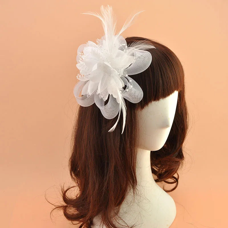Retro Elegant Elastic Mesh Fascinator Multicolour Feather Broach Flower Clip Wedding Accessories With Headband Girl Clip