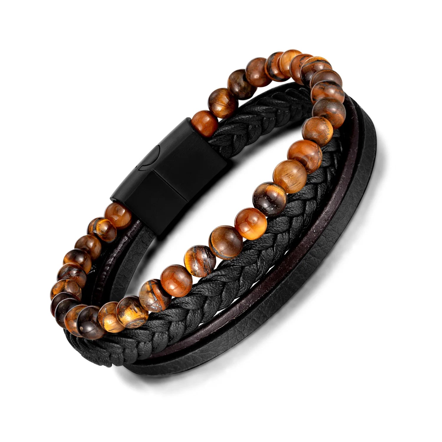 New Design Trendy Multilayer Lava Tiger Eye Mens Genuine Leather Charm Bracelet Stainless Steel Magnetic Clasp Gift YUNSE