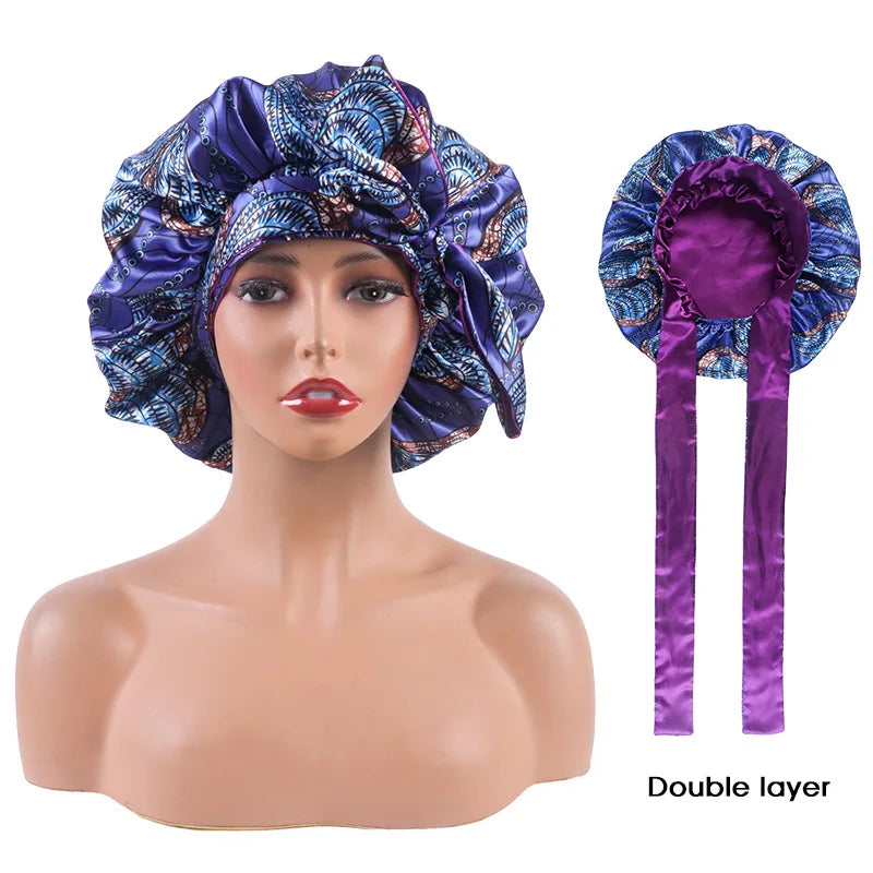 Hair Salon Satin Silk African Print Elastic Strap Satin Nightcap Sleep Hair Bonnets