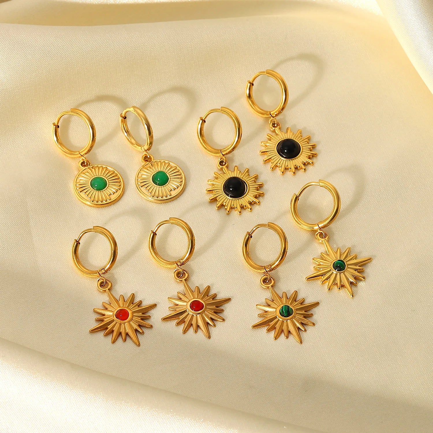 18k Gold Plated Stainless Steel Pendant Earrings Natural Stone Eight Point Star Hoop Huggie Earrings