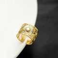 French Vintage Style 18K Gold Plated Waterproof Hollow Flower Lace Shell Stainless Steel Wide Open Ring