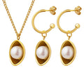 MARONEW Fashion Jewelry Women Pearl EARRING and NECKLACE Set Statement Cuff 18k Gold Plated Stainless Steel