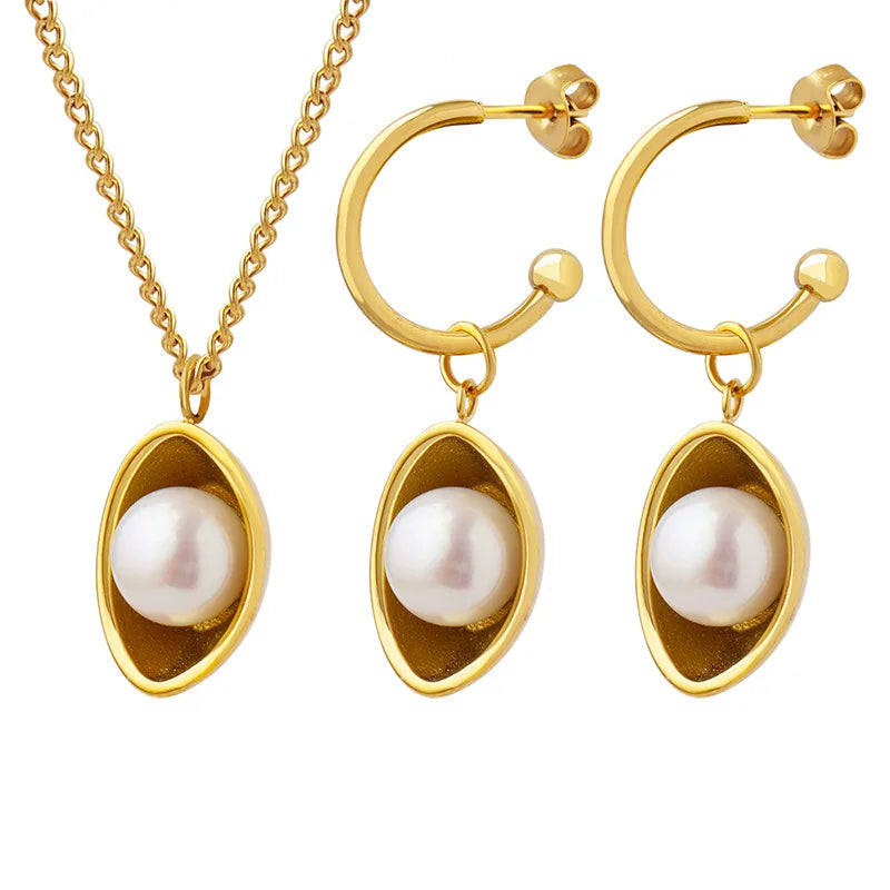 MARONEW Fashion Jewelry Women Pearl EARRING and NECKLACE Set Statement Cuff 18k Gold Plated Stainless Steel