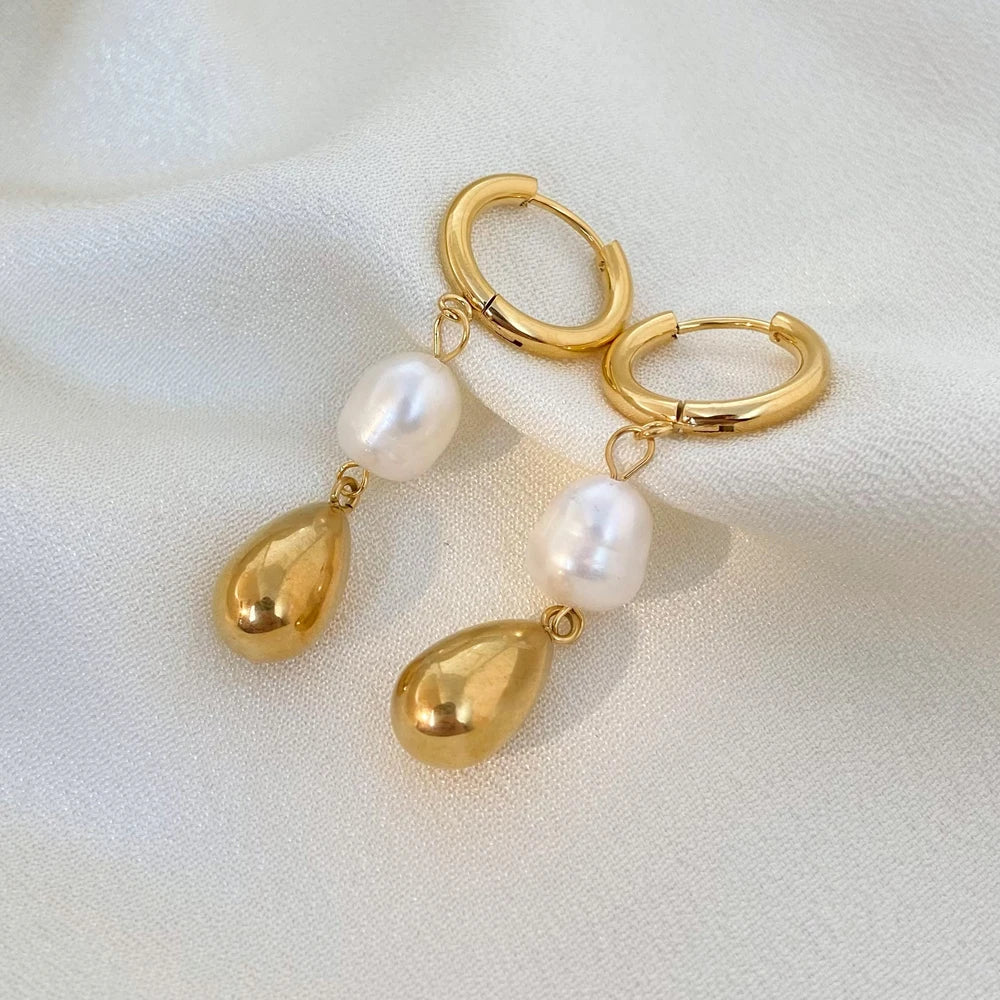 Instagram Blogger Natural Pearl Pendant Earrings 18K Gold-plated Stainless Steel Water Droplet Metal Pendant Earring Do Not Fade