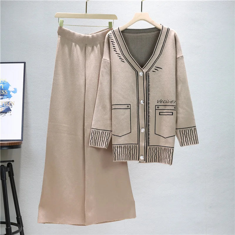 European Women's Spring Autumn Fashion Two-Piece Set Trendy Loose Mid-Length Knitted Top Wide-Leg Pants Solid Pattern Casual