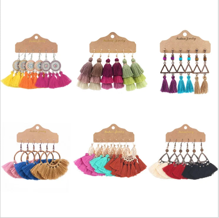 Hot Sale Boho Crocheted Fringe Earrings Jewelry Set Women Vintage Bohemian Long Tassel Earrings Handmade for Women 2025