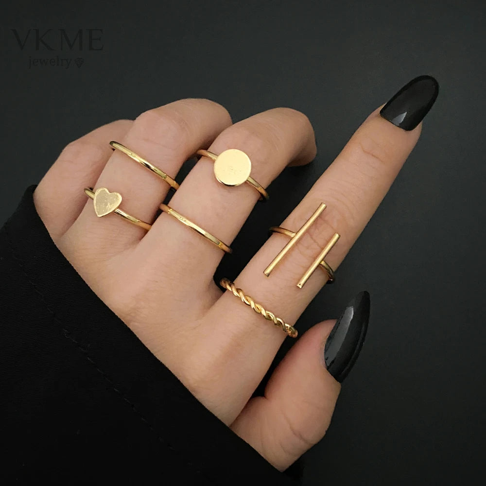 VKME Trendy Gold Plated Simple Rings Set Multiple Designs Heart Finger Rings for Women Jewelry