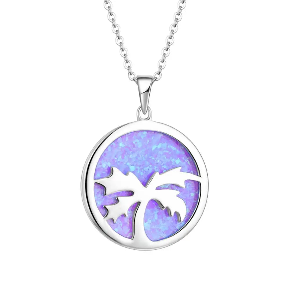 925 Sterling Silver Synthetic Blue Fire Opal Hawaiian Style Coconut Palm Tree Pendant Necklace
