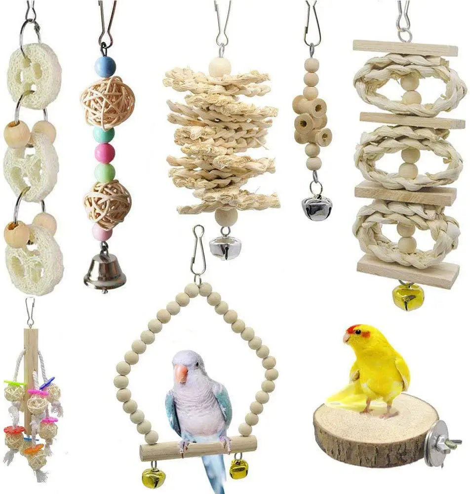 Durable Wooden Swing Corn Husk Bite Skewer Loofah Molars Log Skip Toy Set for Parrots Small Animals Made Leather Bamboo Sisal