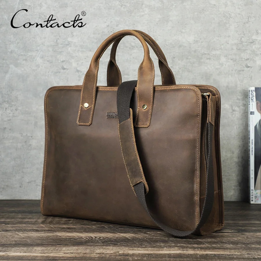 Contact's Anti-Theft Genuine Leather 14.2 Inch Laptop Messenger Bag for Men Office Leather Briefcase Bag With Combineation Lock