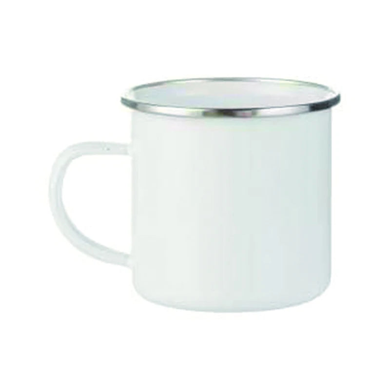 NO MOQ Ready to Ship 12oz Heat Transfer Enamel Coffee Mug Camping Cup With Wide Handle and Smooth Rim for Sublimation