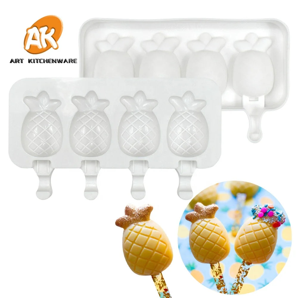 AK 4 Hole Pineapple Shape Silicone Ice Cream Mold Cake Decoration Tool Cakesicle Chocolate Ice Cream Mold Baking Decoration Tool