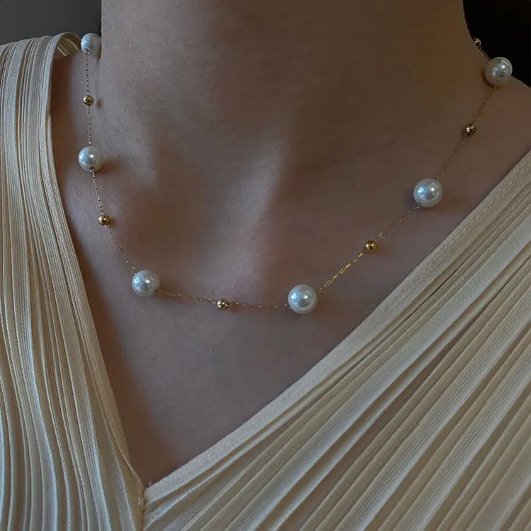Simple Real Gold Plated Stainless Steel Beads Chain Necklace Luxury Gypsophila Natural Freshwater Pearl Choker Necklace Women