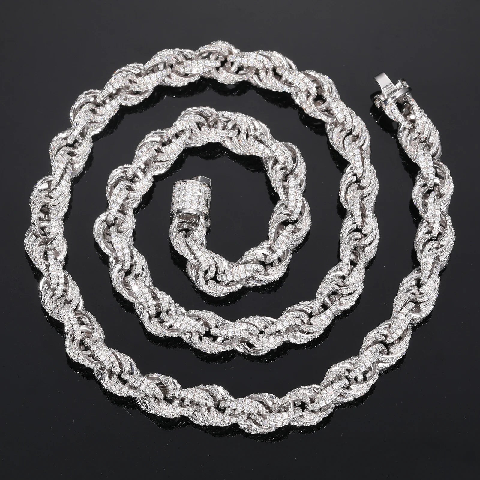 8mm Fully Iced Out Rope Chain Necklace Spring Clasp Link Chain White Gold Hip Hop Unisex 925 Sterling Silver and VVS Moissanite