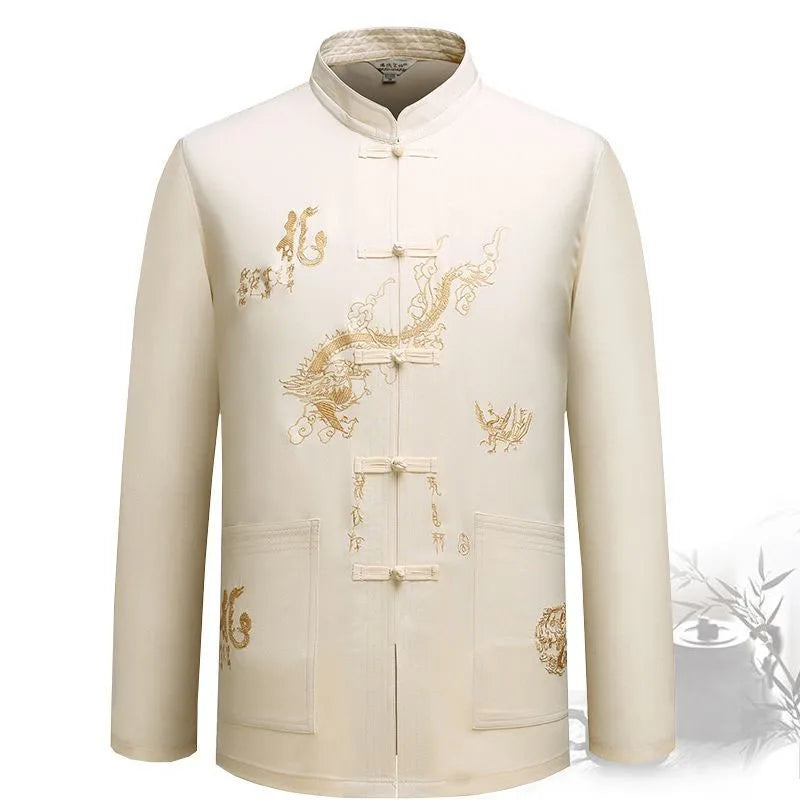 RNSHANGER Men's Traditional Chinese Dragon Design Spring Casual Shirt Breathable Standing Collar Tangsuit