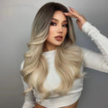 Factory Fast Delivery Long Ombre Brown Light Blonde Platinum Synthetic Body Wave Wigs Middle Part Wig