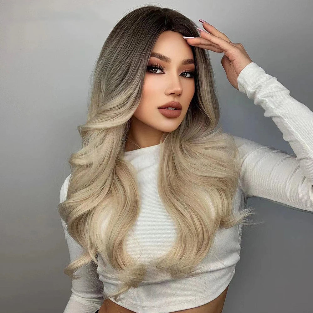 Factory Fast Delivery Long Ombre Brown Light Blonde Platinum Synthetic Body Wave Wigs Middle Part Wig