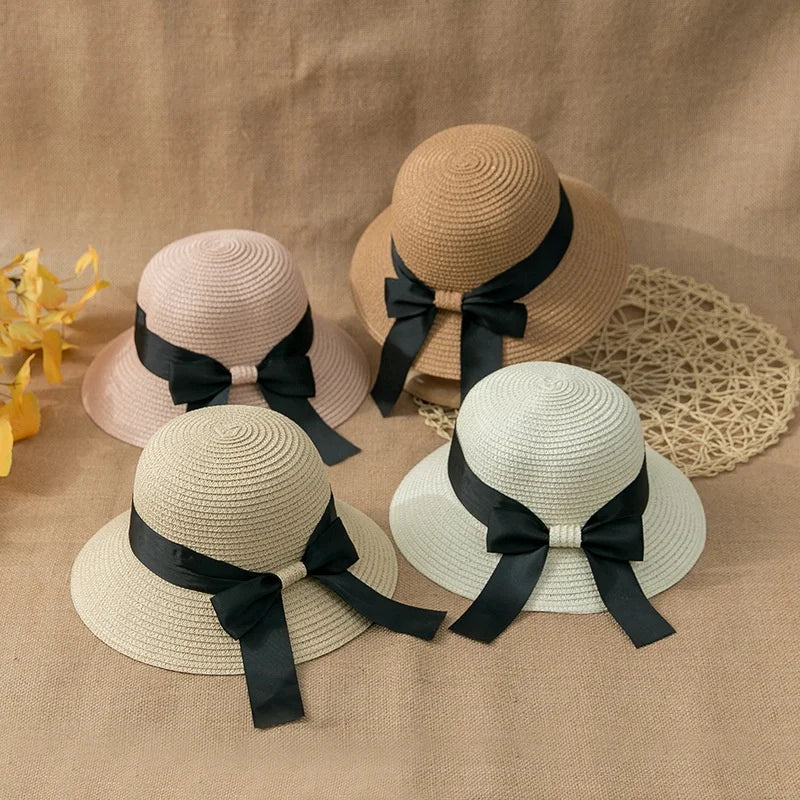 WD-A773 Panama Satin Bowknot Foldable Straw Hat for Women-Beach Fishing & Outdoor Travel Sun Protection