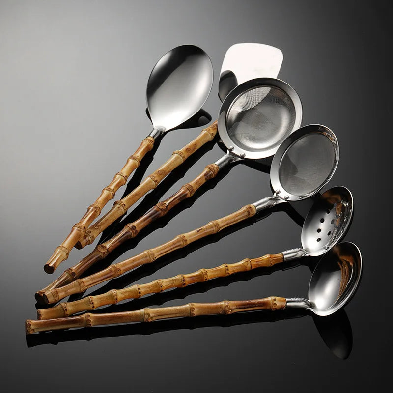 304 Stainless Steel Natural Bamboo Wood Nodes Design Handle Japanese Soup Shell Spoon Mini Shovel Multi Style Mesh Home Kitchen