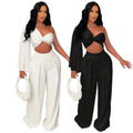 2024 New Arrival Women's Casual Solid V-neck Spandex/Polyester Suit Pleated Single Shoulder Top Pants Long Sleeve Leisure Set