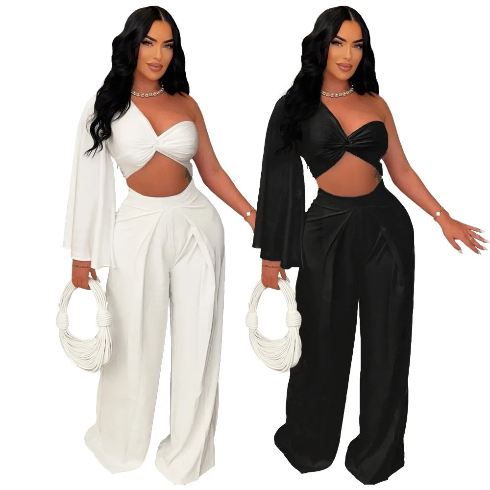 2024 New Arrival Women's Casual Solid V-neck Spandex/Polyester Suit Pleated Single Shoulder Top Pants Long Sleeve Leisure Set