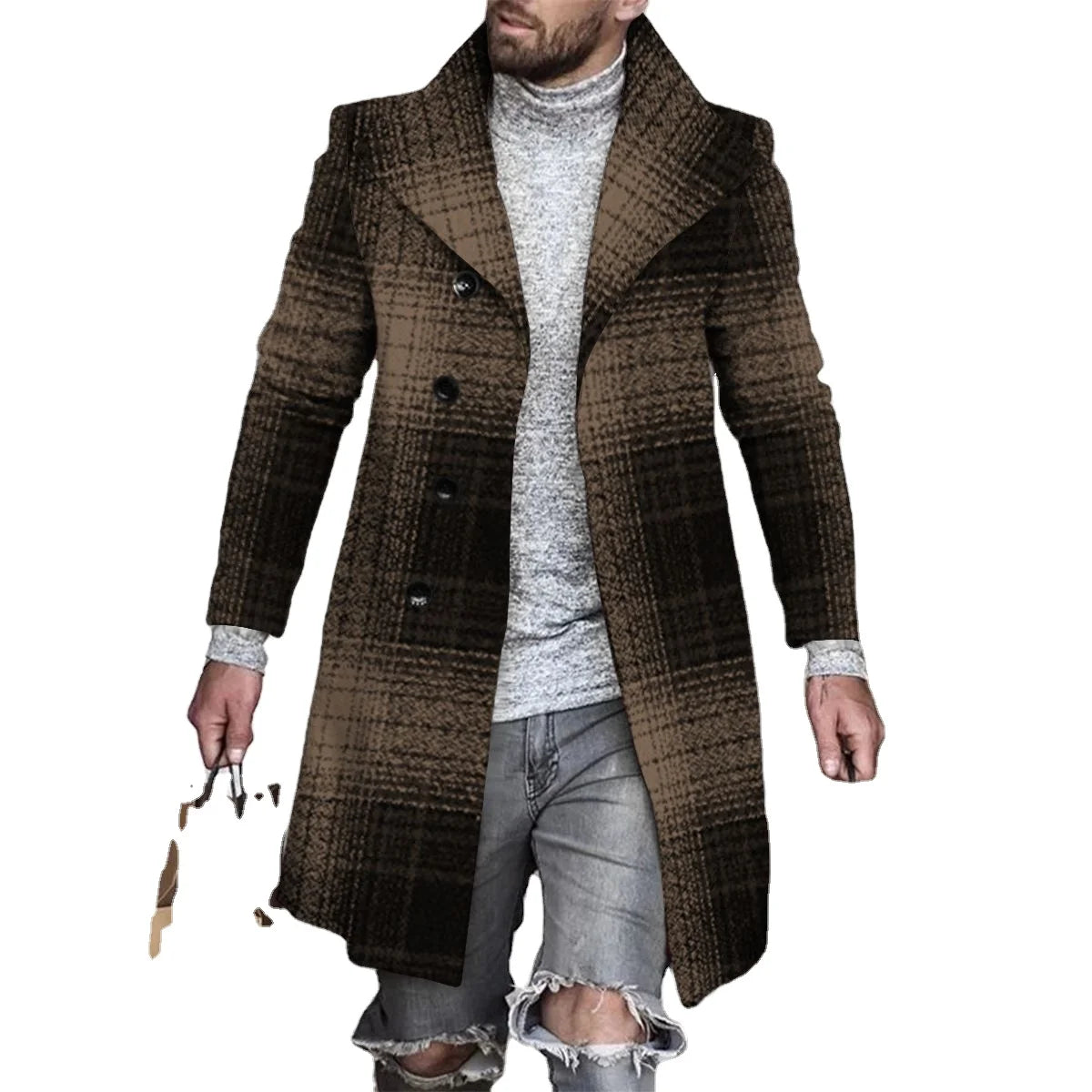New Arrival Mens Trench Coat Single Breasted Plaid Mid Long Peacoat Pea Coats Windproof Jacket for Men