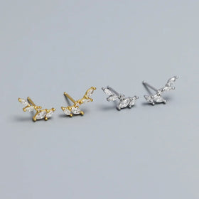 Fancy Mini Earring 925 Sterling Silver Gold/Silver Shinny Zircon Leaf Stud Earrings for Girls