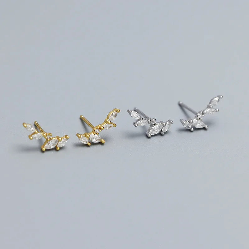 Fancy Mini Earring 925 Sterling Silver Gold/Silver Shinny Zircon Leaf Stud Earrings for Girls