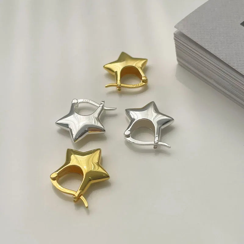 925 Sterling Silver Five Pointed Star Shape Chunky Luxury Clip Earrings for Women 2024 New
