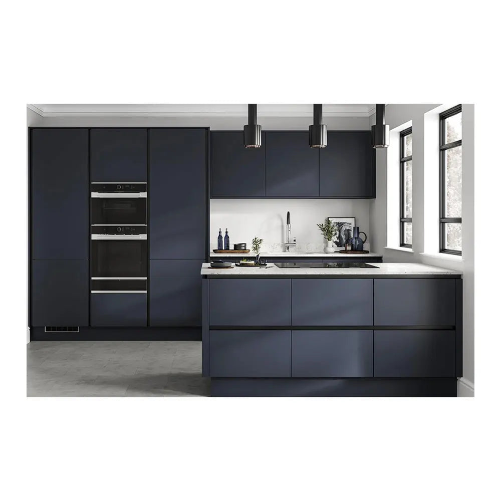 NICOCABINET 2023 Custom Super Matt Polypropylene Navy Shade Slab Style Handless Lacquer Kitchen Cabinet Sink Marble Ideas
