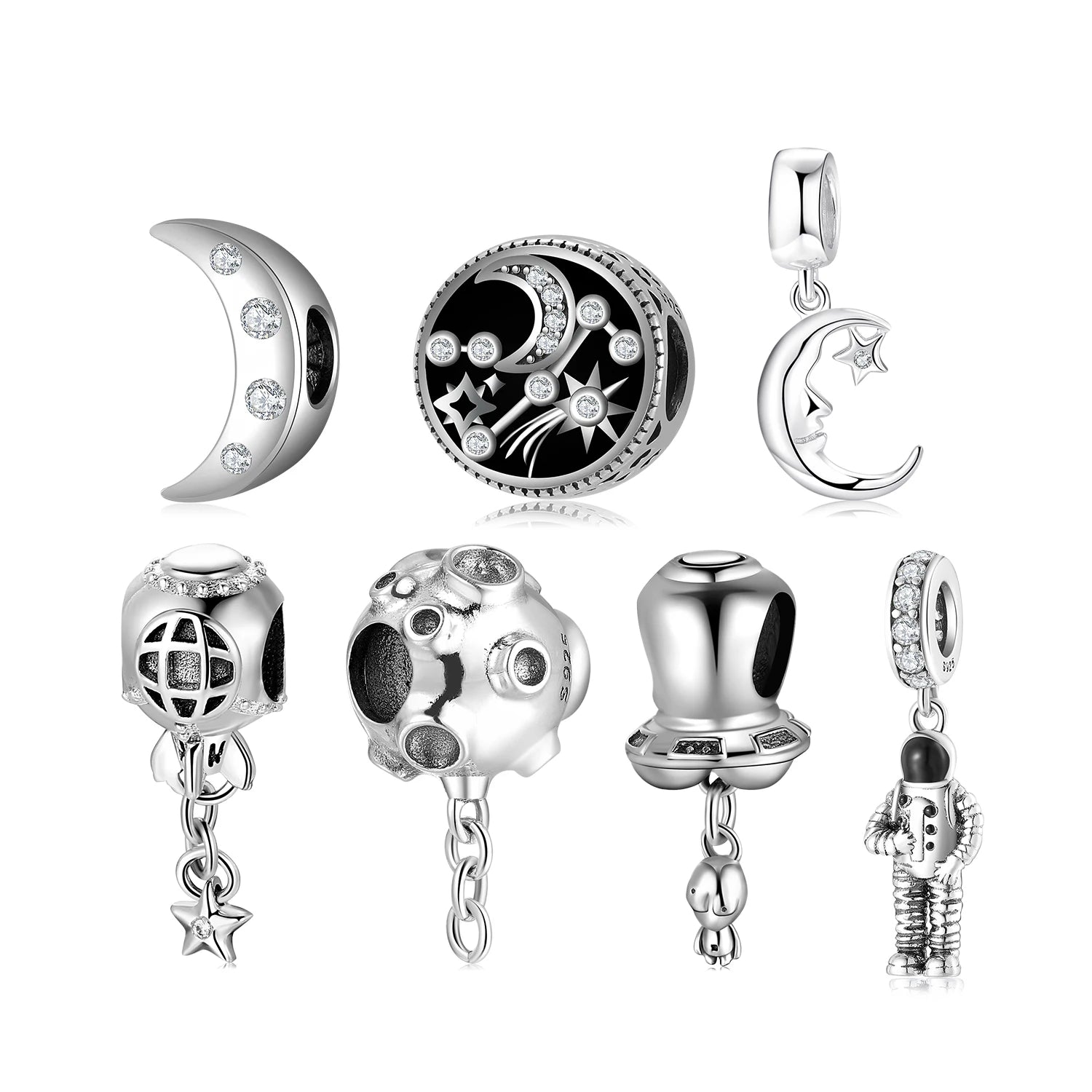 Real 925 Sterling Silver Space Series Enamel Charms Astronaut Beads with CZ Star Moon Pendant for Women Jewelry Bracelet Fashion