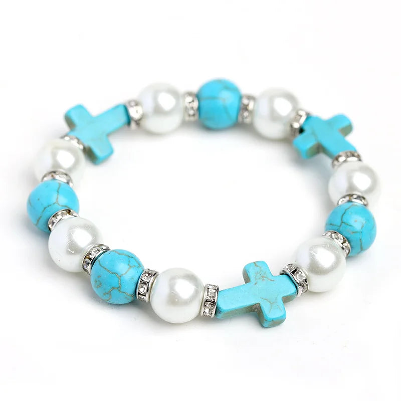 Christian Holy Prayer Bracelet Pearl Cross Turquoise Christ Women's Jewelry Church Rituals Rosary Memorare Easter Pentecost