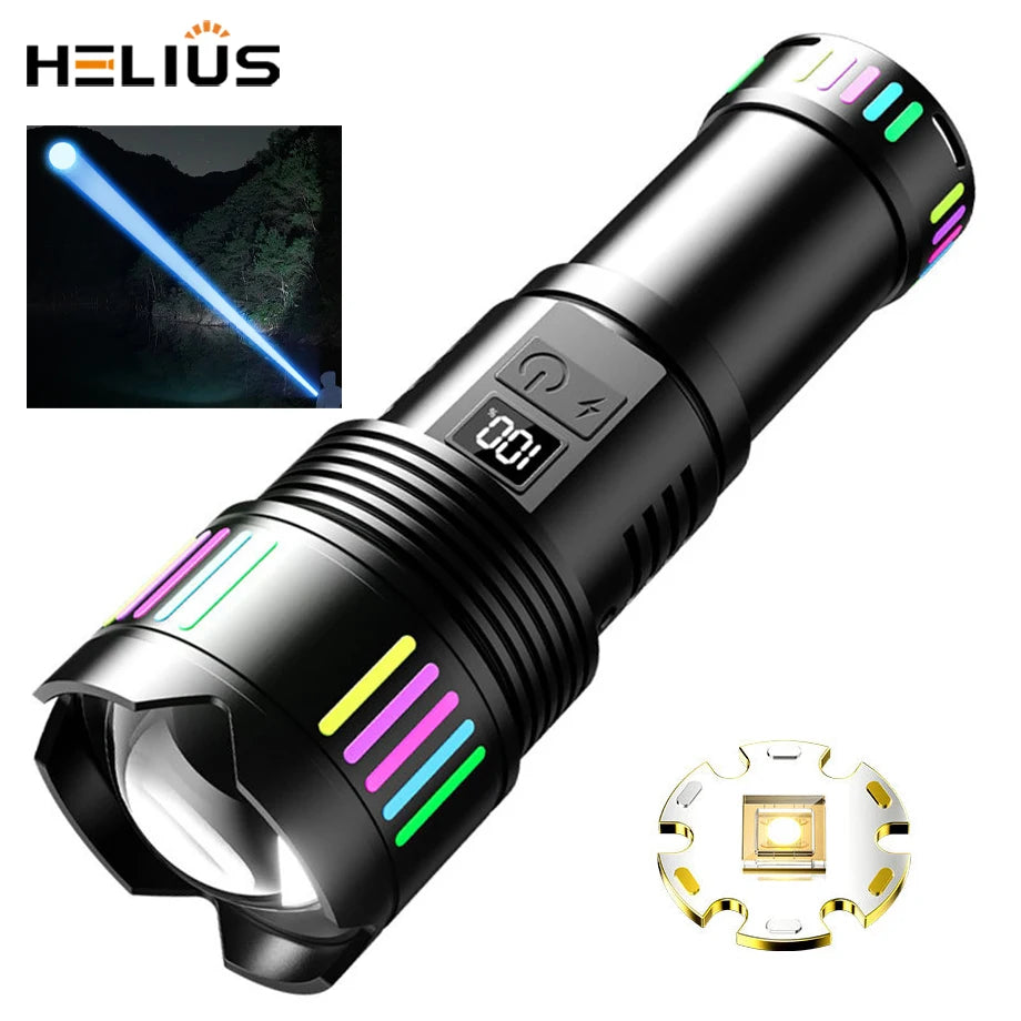 Helius New Aluminum Alloy Long Range Outdoor with Fluorescent Digital Display TYPE-C Rechargeable Focus LED Flashlight