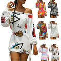 Women Gradient Rainbow Print Dress Off Shoulder Lace up Eyelet Sweatshirts Dress Loose Warm Oversized Long Sleeve Dress