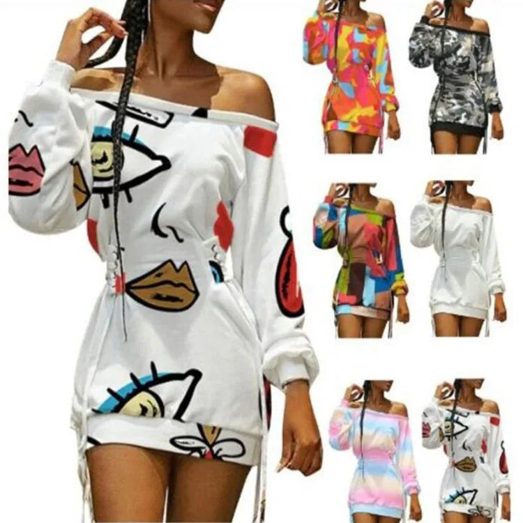 Women Gradient Rainbow Print Dress Off Shoulder Lace up Eyelet Sweatshirts Dress Loose Warm Oversized Long Sleeve Dress